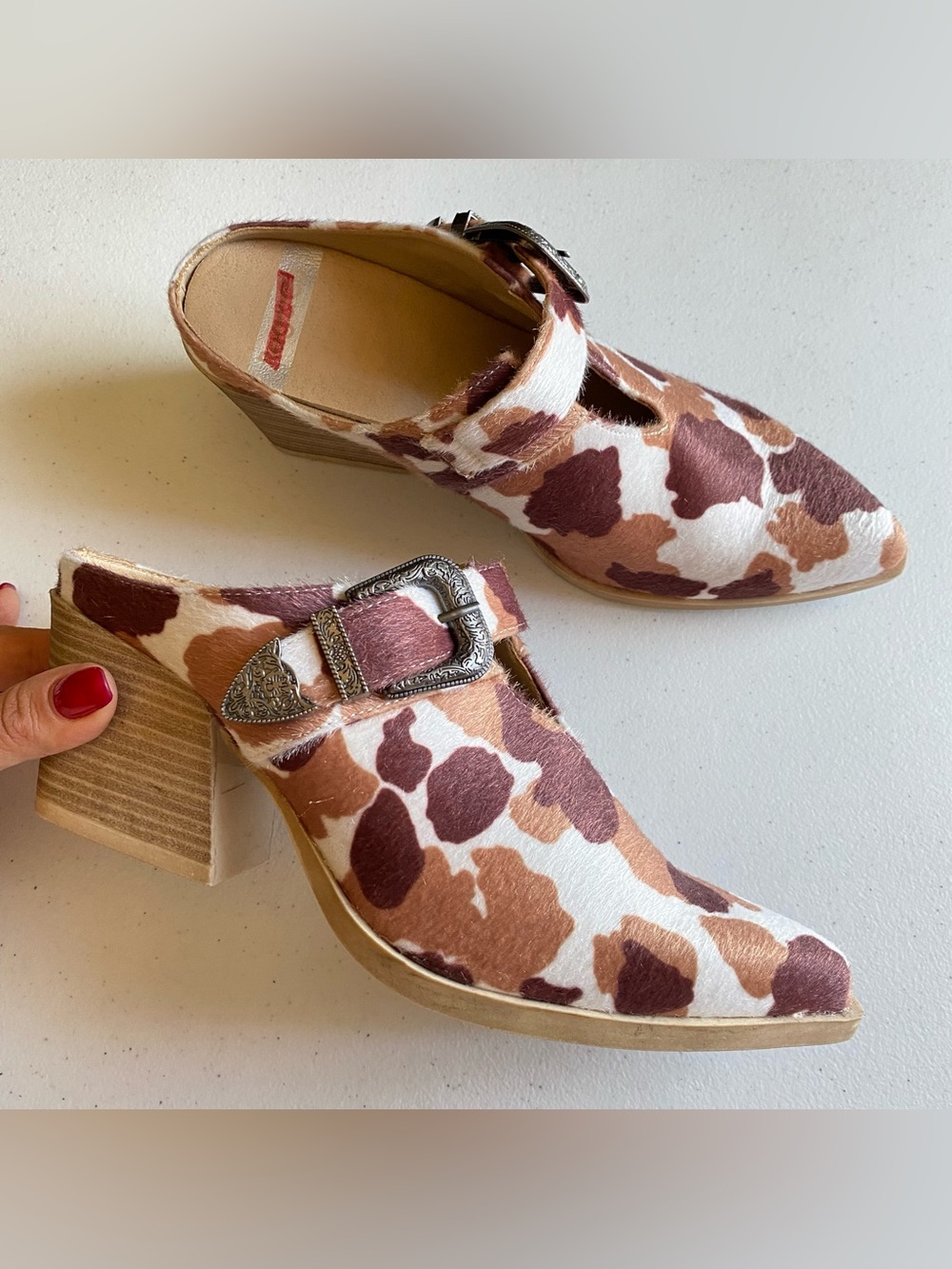 Rag & Co Size 7 Brown Cream Cowhide Print Buckle Strap Slip-on Mule Heel Bootie